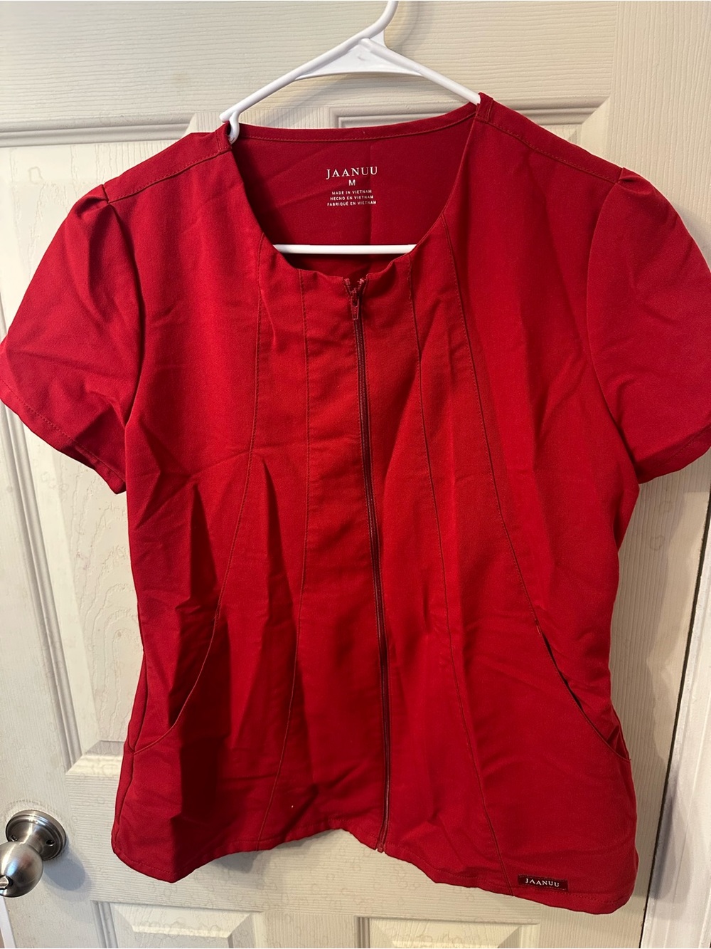 Jaanuu Women's Red Zip-Front Button Down Top